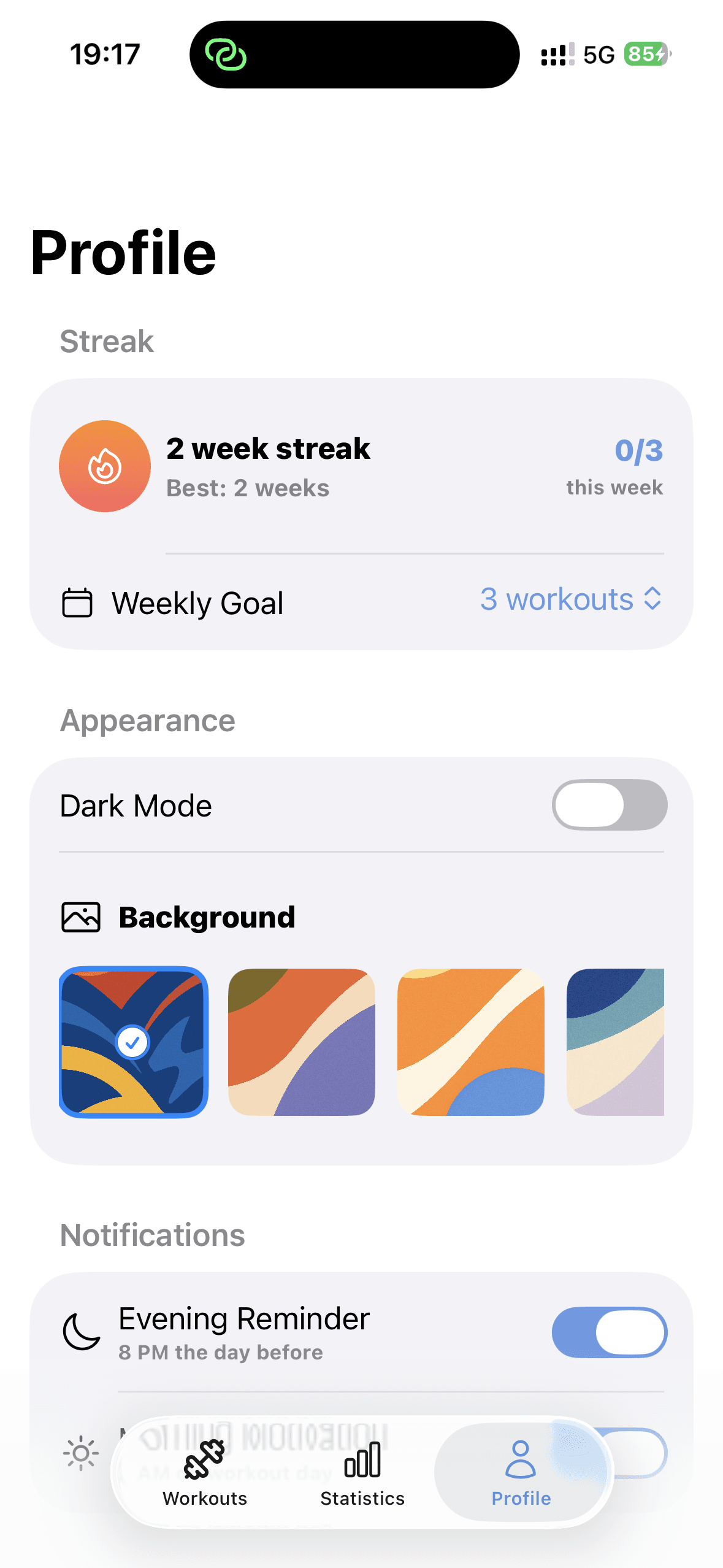 Stride Profile screen