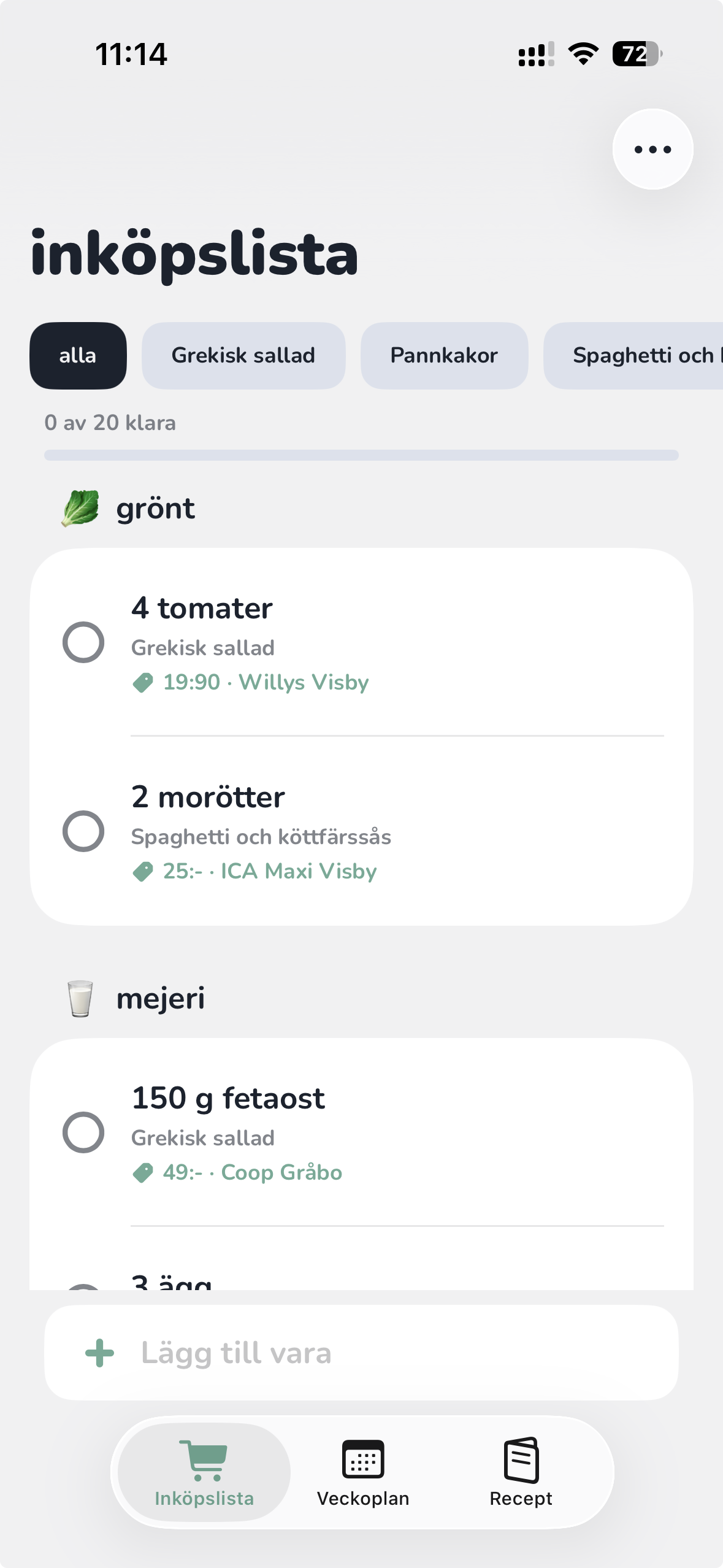 Matlista interface on iPhone